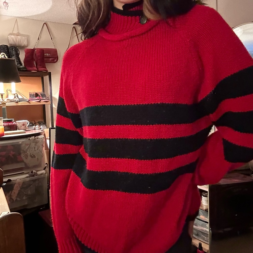 Vintage Red and Black Striped Turtleneck Sweater